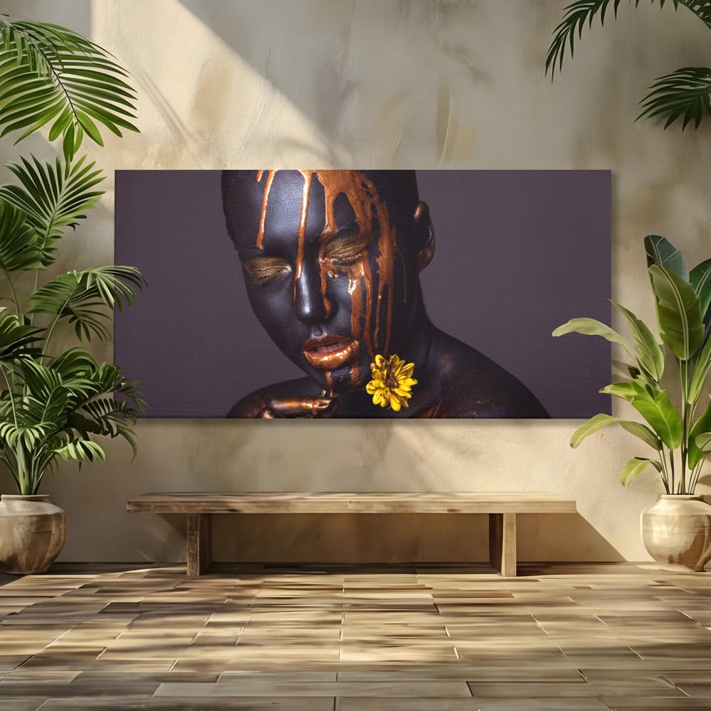 Tablou canvas cu tablou canvas cu femeie si vopsea aurie, fara rama, pe sasiu de lemn